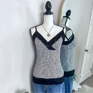 Black/White Y2K Leopard Lace Trim Women's Top